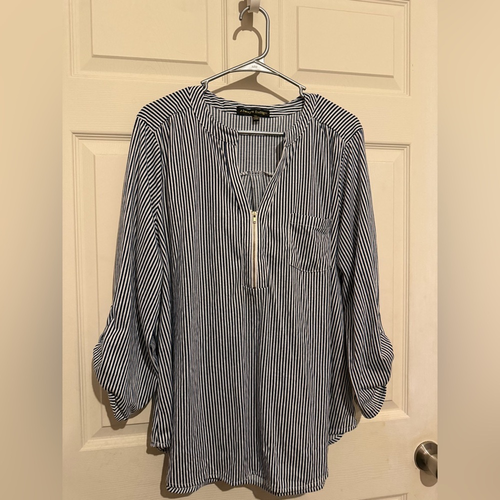 Always Indigo - 2XL Navy Blue and White Striped Half Zipper Long Sleeve